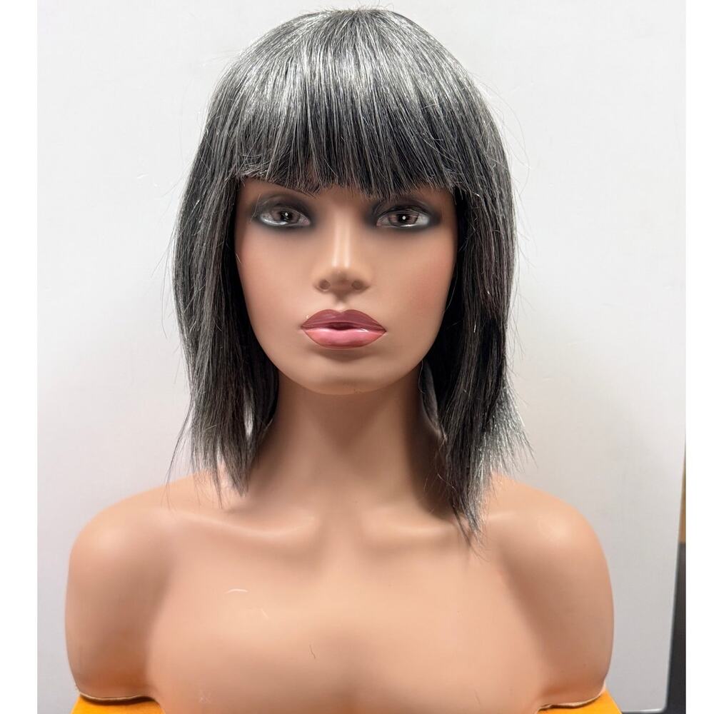 Soul Lady 100% Human Hair Straight Bob Wig Salt & Pepper Gray with Bangs 10" NWT
